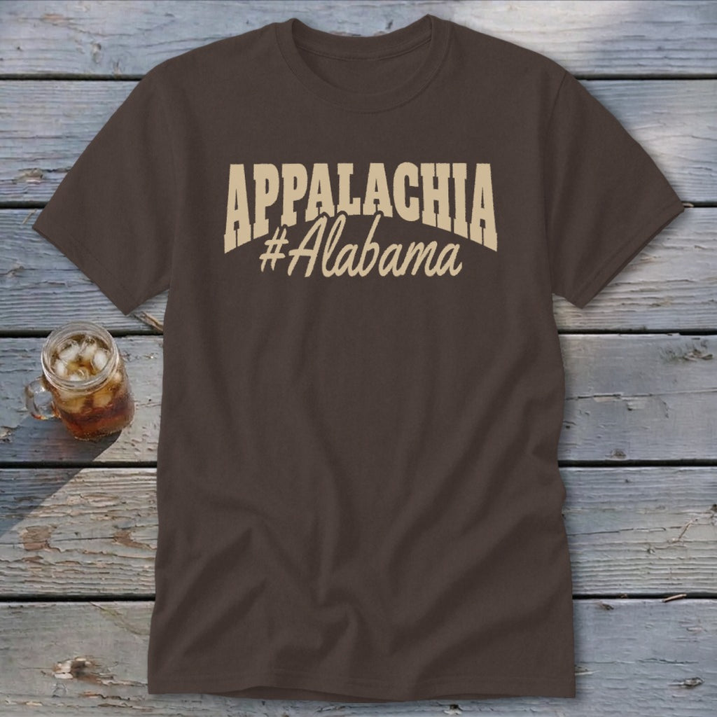 Brown t-shirt with "APPALACHIA #Alabama" printed on chest.