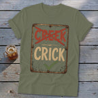 Olive green t-shirt with distressed sign graphic that says "Creek" crossed out and "Crick" checked.