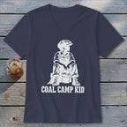 Navy v-neck t-shirt with white graphic of a boy in overalls and hat holding a bucket, text "COAL CAMP KID".