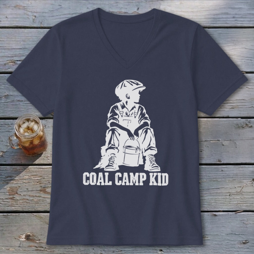 Navy v-neck t-shirt with white graphic of a boy in overalls and hat holding a bucket, text "COAL CAMP KID".