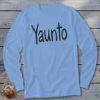 Light blue long-sleeve t-shirt with "Yaunto" written in black script.