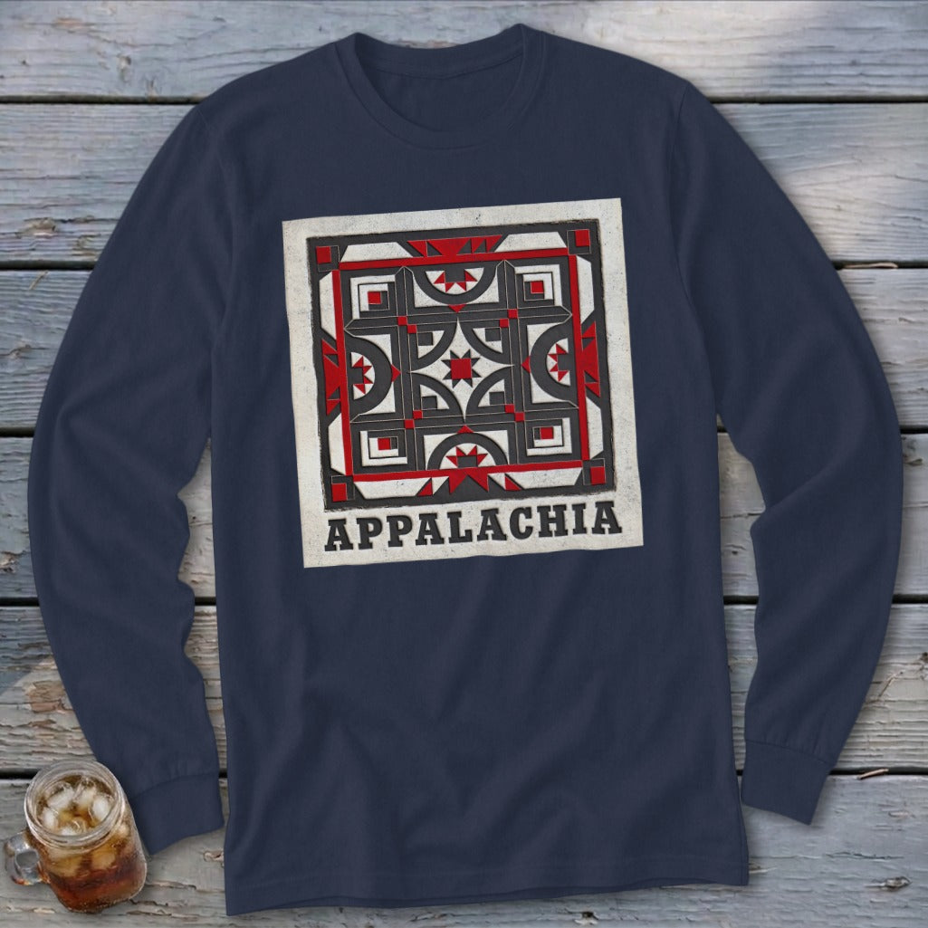 Dark blue long-sleeve t-shirt featuring a square geometric quilt block graphic and the text Appalachia.