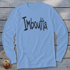 Light blue long-sleeve shirt with black text "Imboutta" and a glass of iced drink.
