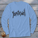 Light blue long-sleeved t-shirt with "Yamiteswell" text in black brushstroke font.