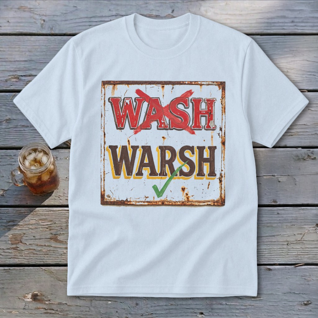 A white crewneck t-shirt featuring a vintage distressed graphic that reads WASH with a red X and WARSH with a green checkmark.