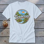 T-shirt with a circular graphic of a Tennessee mountain landscape with a deer.