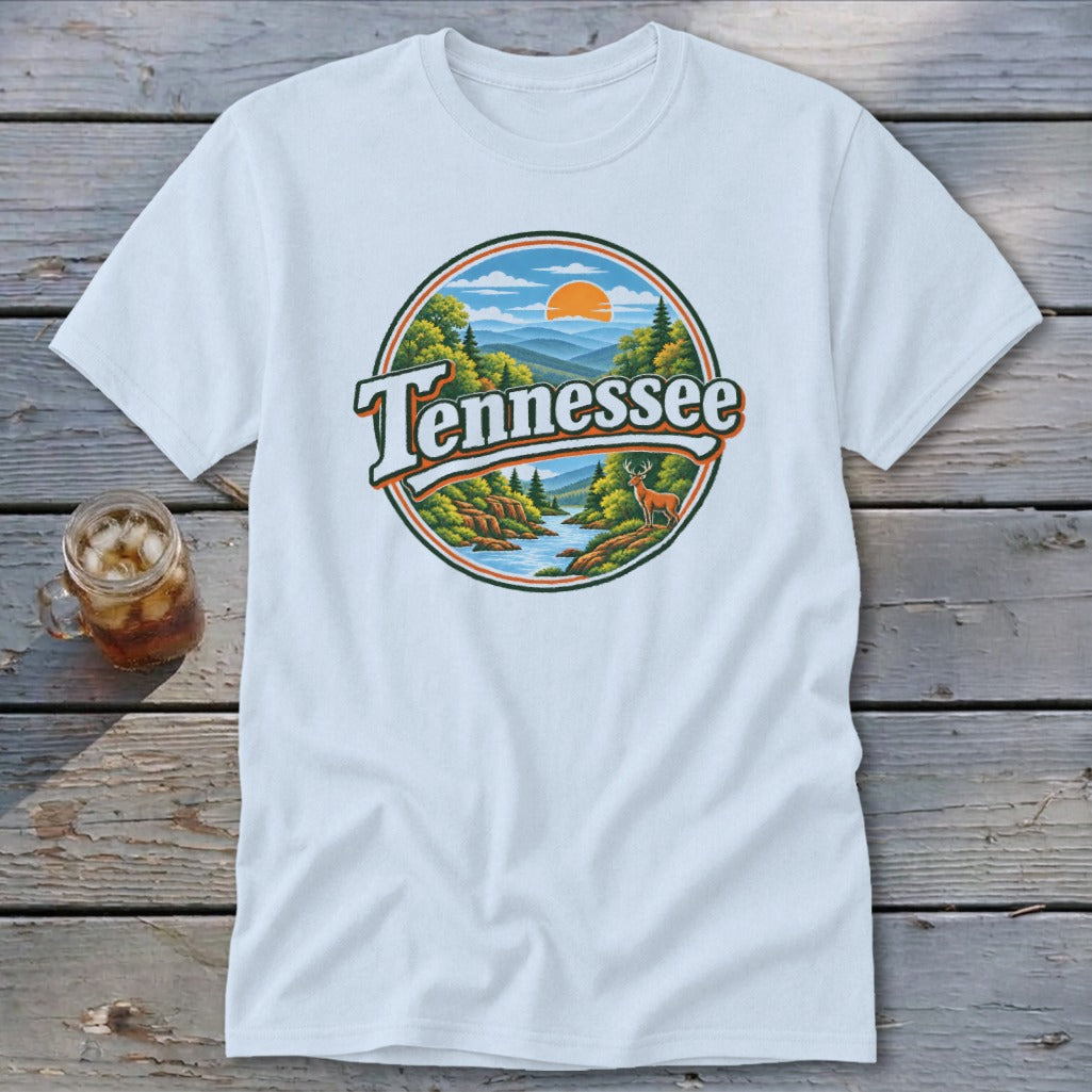 T-shirt with a circular graphic of a Tennessee mountain landscape with a deer.