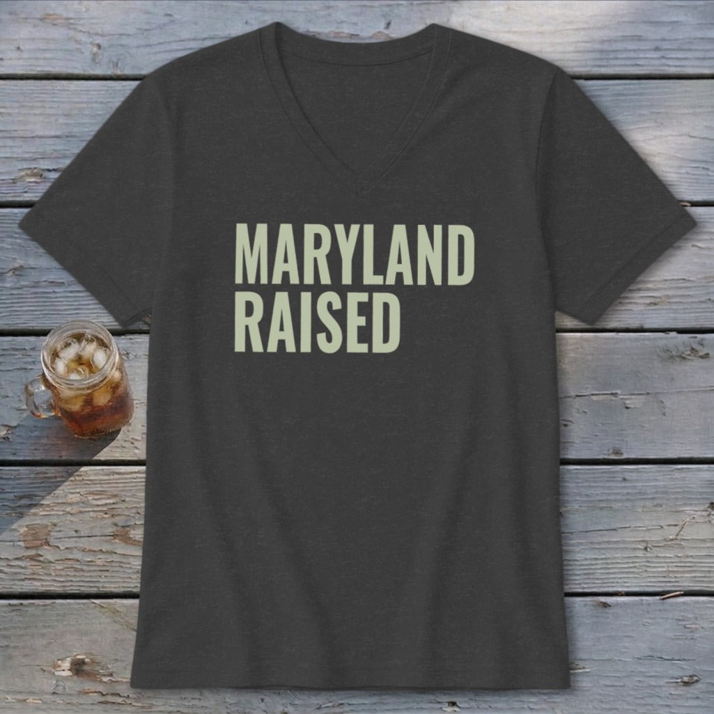 Dark grey V-neck t-shirt with "Maryland Raised" printed in light green.