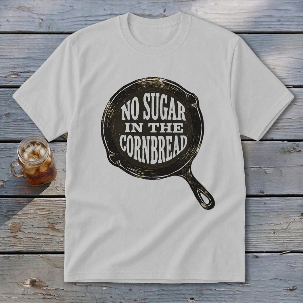 White t-shirt with "NO SUGAR IN THE CORNBREAD" graphic in a cast iron skillet.