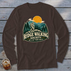 Long sleeve brown shirt with "Ridge Walking Society" graphic of a hiker in mountains.