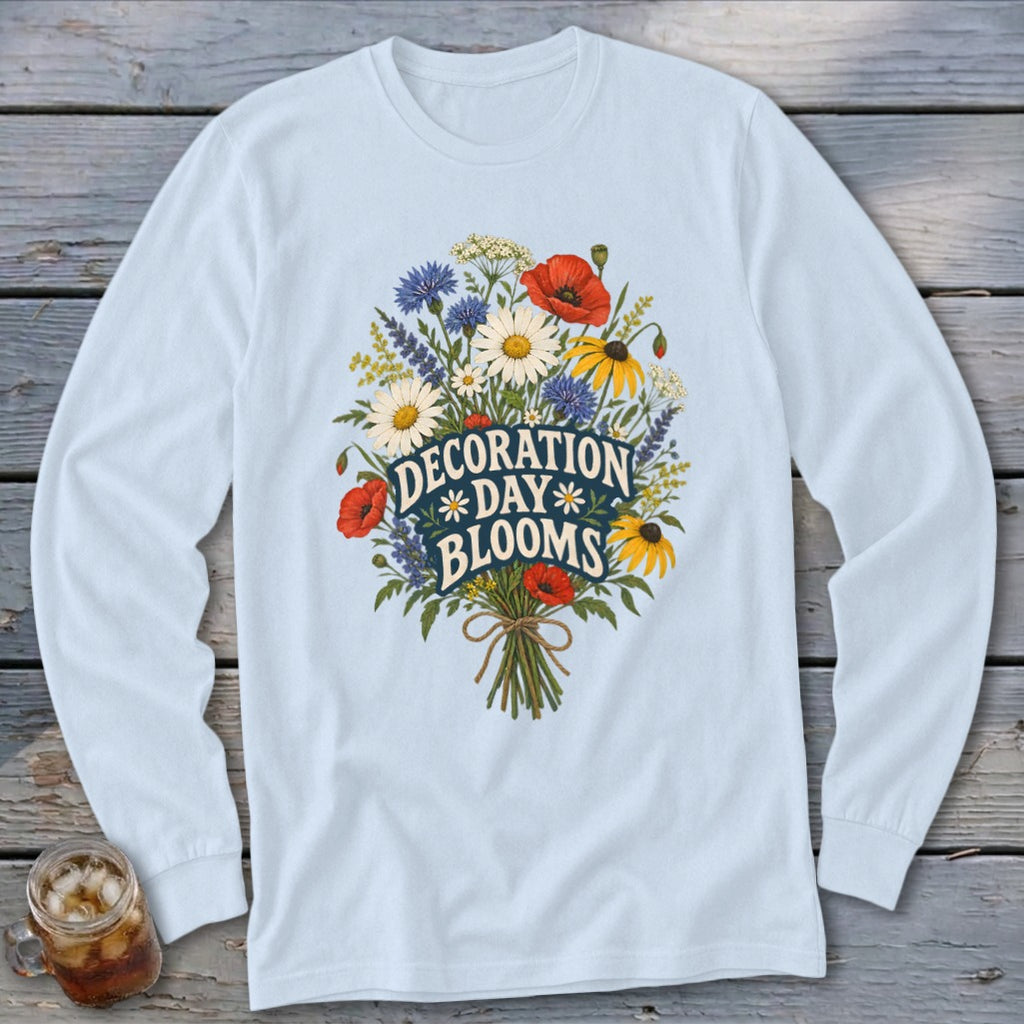 Light blue long-sleeve shirt with "Decoration Day Blooms" floral graphic.