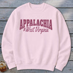 Pink crewneck sweatshirt with "APPALACHIA #West Virginia" graphic in maroon.