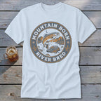 Light blue t-shirt with a circular graphic of a jumping trout and text "Mountain Born River Bred".