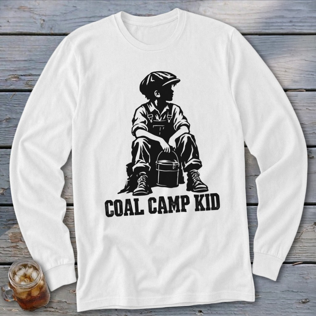 Black graphic on white long-sleeved shirt showing "COAL CAMP KID" text.