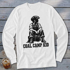 Black graphic on white long-sleeved shirt showing "COAL CAMP KID" text.