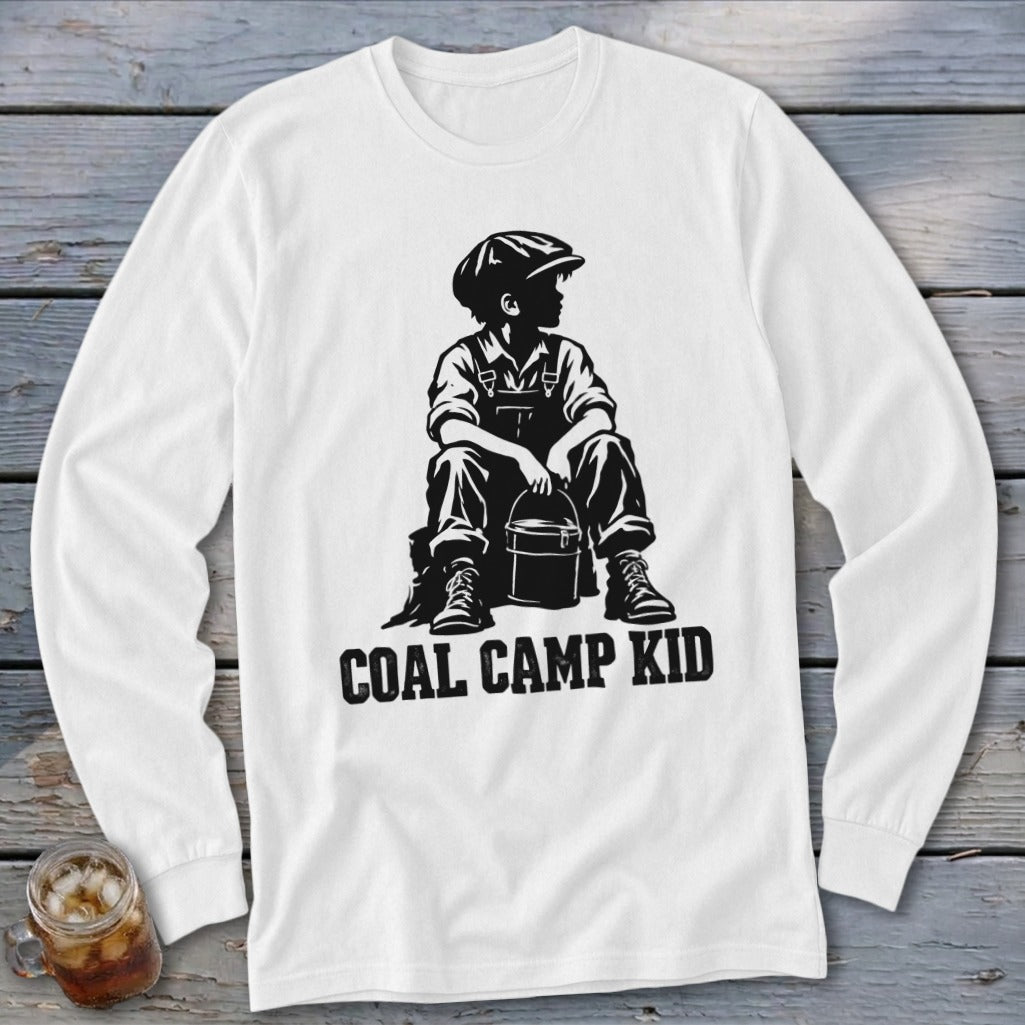 Black graphic on white long-sleeved shirt showing "COAL CAMP KID" text.