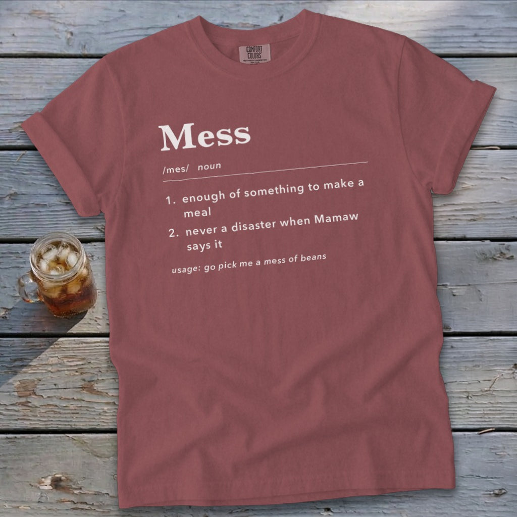 Rose t-shirt with white text defining "Mess" with two meanings and a usage example.