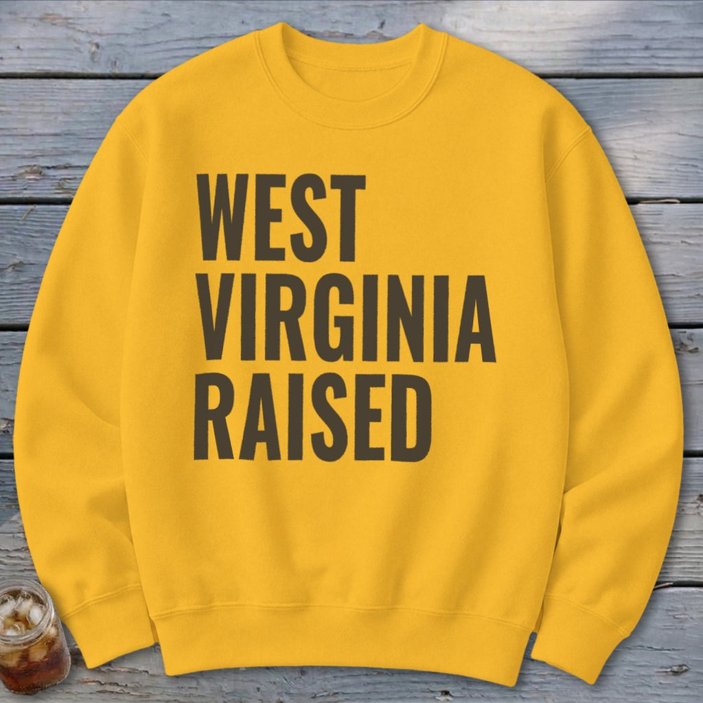 Yellow sweatshirt with "WEST VIRGINIA RAISED" text in dark gray.