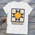 White t-shirt featuring a quilted Ohio Star block design with "OHIO STAR" text.