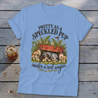 Light blue t-shirt with illustration "Pretty as a Speckled Pup Under a Red Wagon".