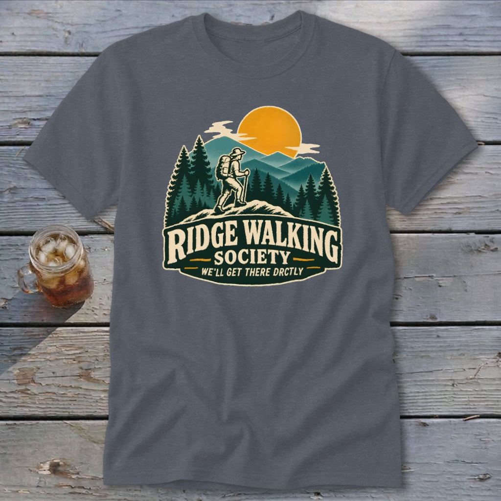 Graphic tee with "Ridge Walking Society" text and hiker in mountain landscape.