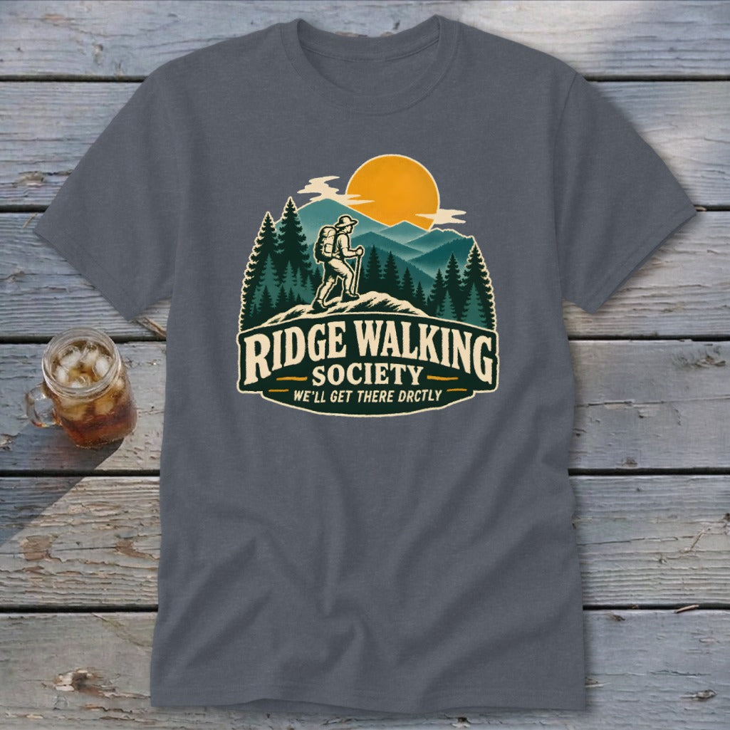 Graphic tee with "Ridge Walking Society" text and hiker in mountain landscape.
