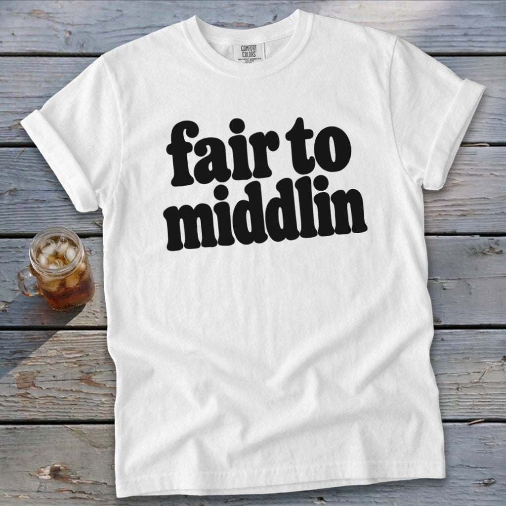White t-shirt with "fair to middlin" text and a glass of iced tea.