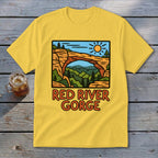 Yellow t-shirt with Red River Gorge scenic arch graphic and text.
