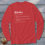 Red long sleeve shirt with "Blinky" definition printed in white.