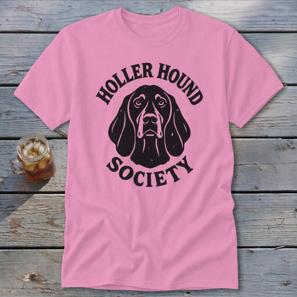Pink t-shirt with black "Holler Hound Society" text and dog graphic.