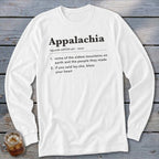 White long-sleeve t-shirt with black dictionary-style text defining Appalachia laid flat on a wooden background.