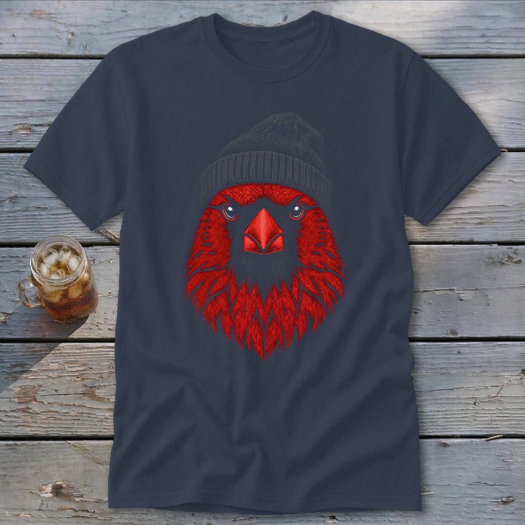 Dark blue t-shirt with a red bird wearing a gray beanie graphic.
