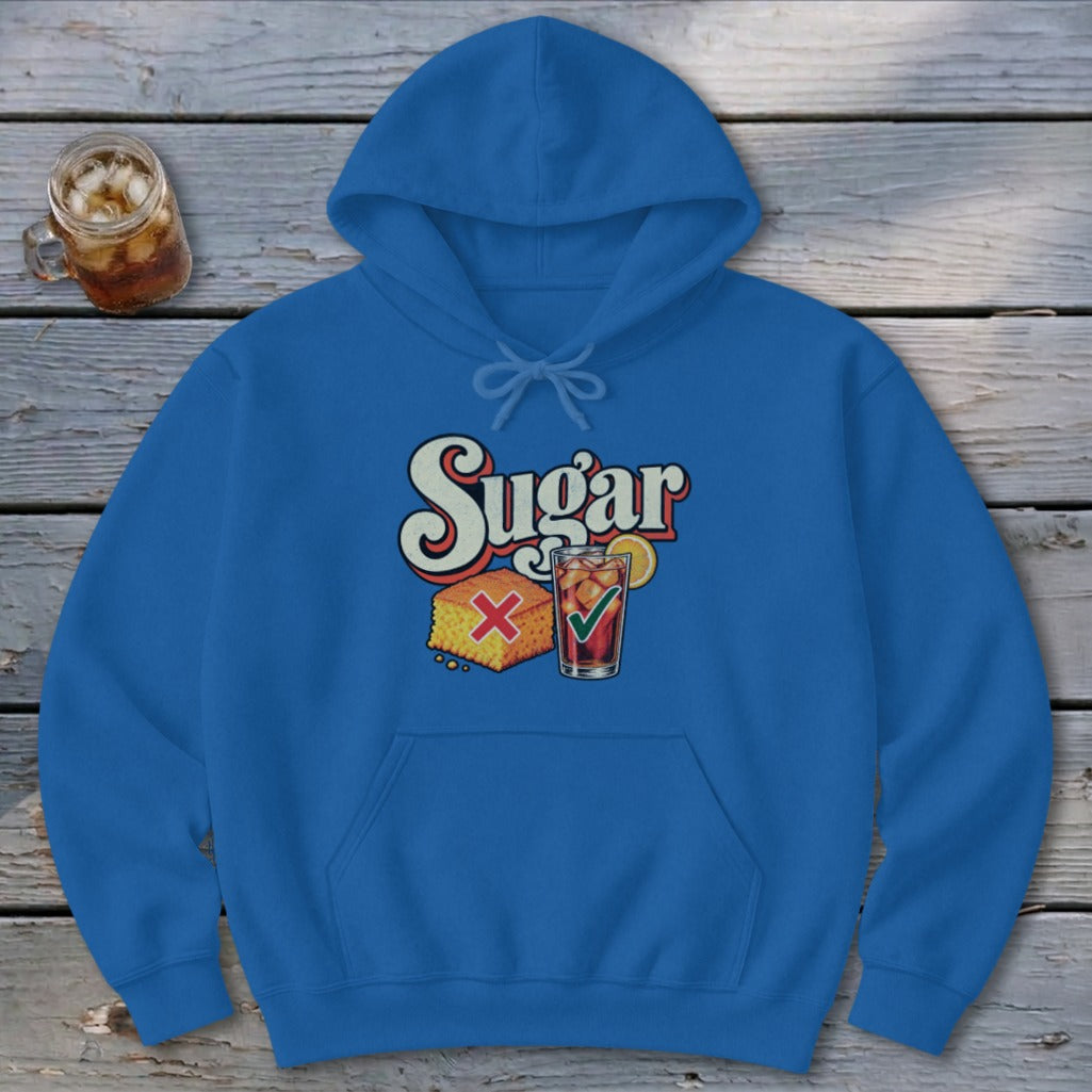 Blue hooded sweatshirt with a graphic reading Sugar, featuring a cornbread square with a red X and an iced tea with a green checkmark.