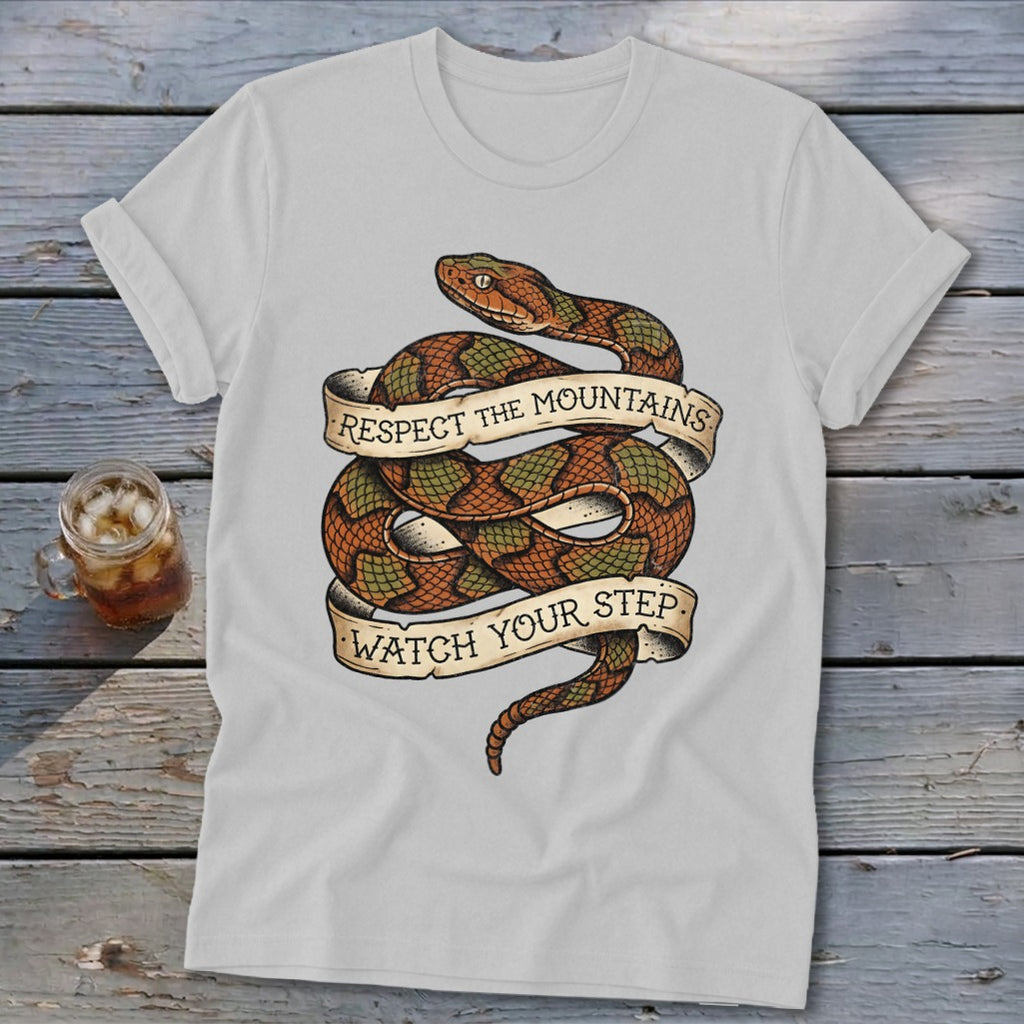 Gray t-shirt with coiled snake design and banner text "Respect the Mountains Watch Your Step".