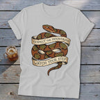 Gray t-shirt with coiled snake design and banner text "Respect the Mountains Watch Your Step".