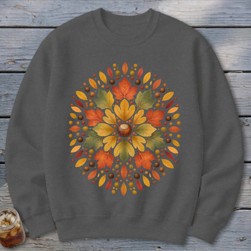 Dark grey sweatshirt with a circular autumn leaf and acorn mandala design.