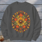 Dark grey sweatshirt with a circular autumn leaf and acorn mandala design.