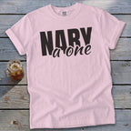 Pink t-shirt with black text "NARY a one" and a glass of iced drink.
