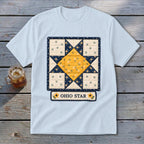 Light blue t-shirt featuring a quilt block design with "Ohio Star" text and sunflowers.