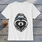 White v-neck t-shirt with a raccoon wearing a beanie and a mountain patch.