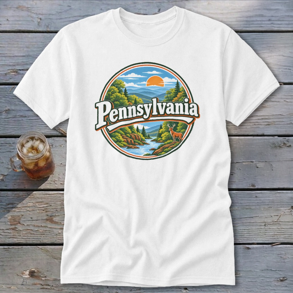 White t-shirt with circular Pennsylvania graphic of mountains, river, deer, and sun.