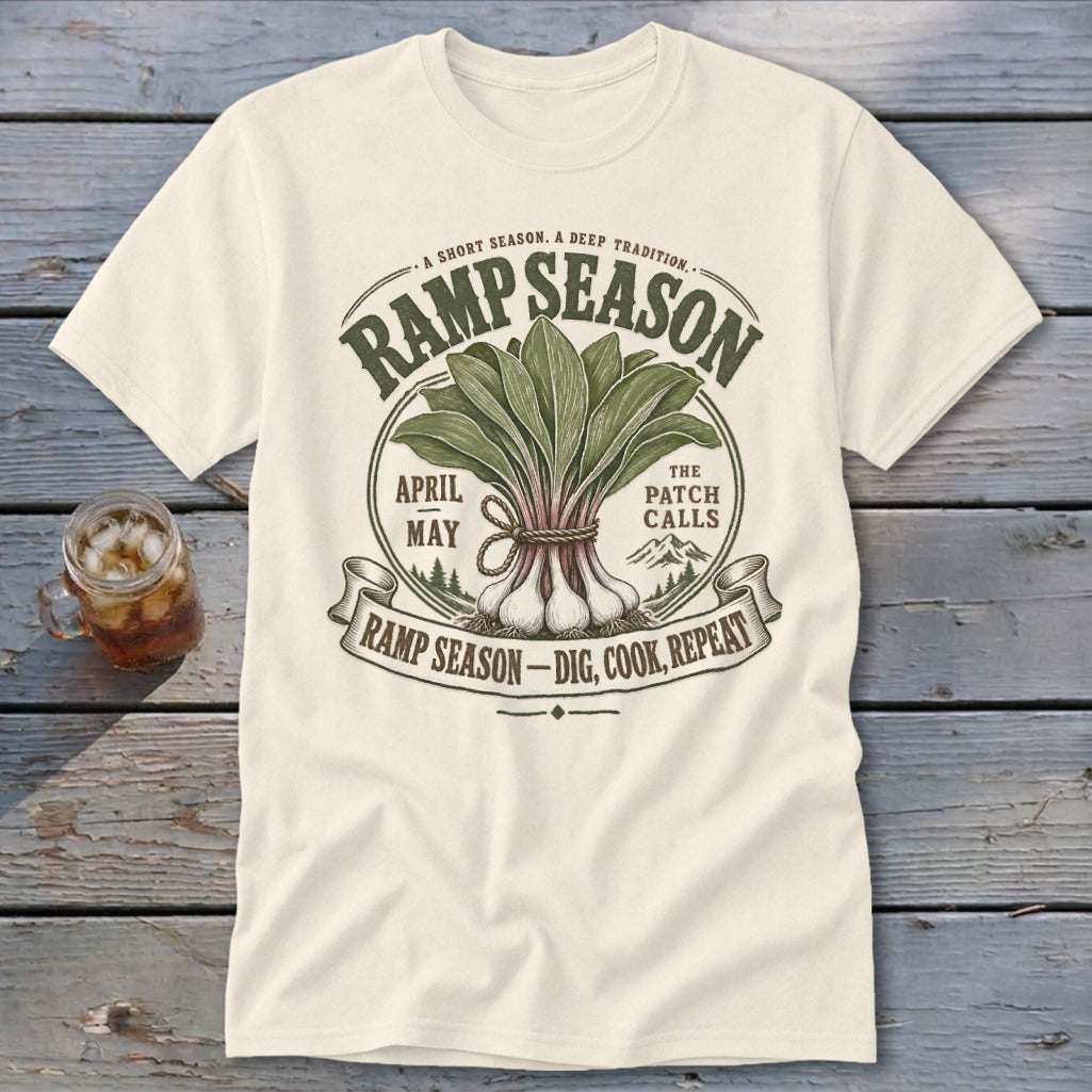 Cream t-shirt with "Ramp Season" graphic featuring ramps, mountains, and text.