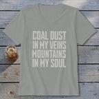 A heather gray V-neck t-shirt with the white text COAL DUST IN MY VEINS MOUNTAINS IN MY SOUL.