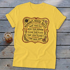 Yellow t-shirt with Mamaw's House Rules text and illustrations.