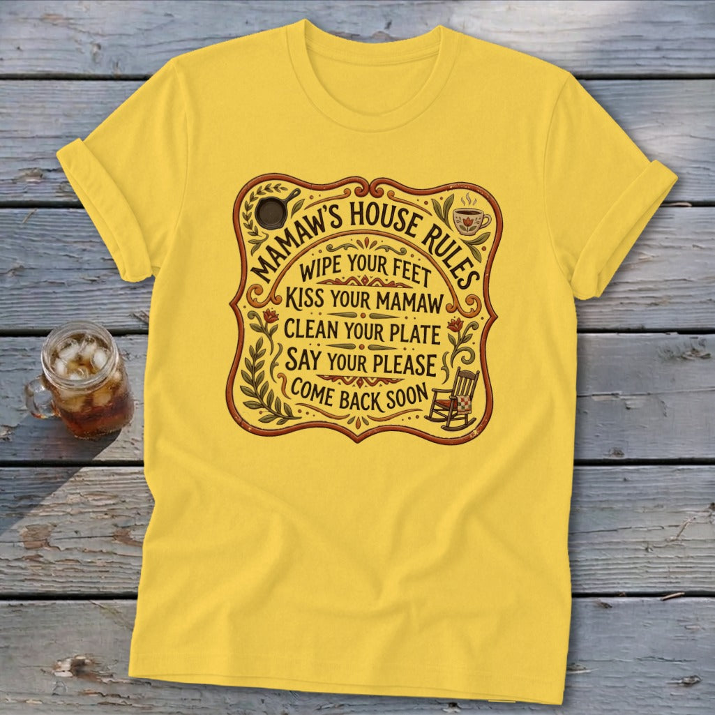 Yellow t-shirt with Mamaw's House Rules text and illustrations.