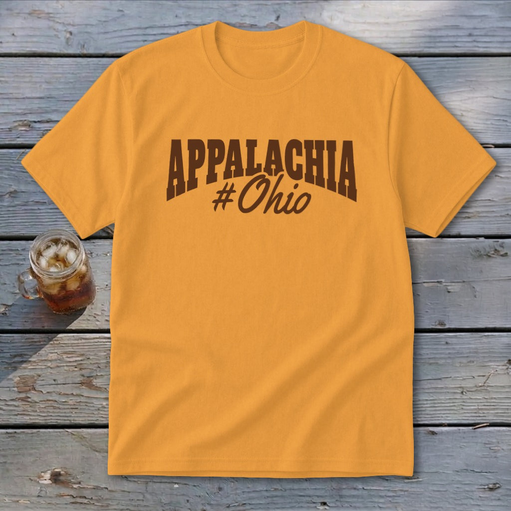 Orange t-shirt with "APPALACHIA #Ohio" text in brown.
