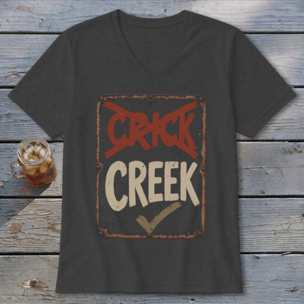 Dark grey t-shirt with a distressed sign reading "CRICK CREEK" with red Xs and a checkmark.