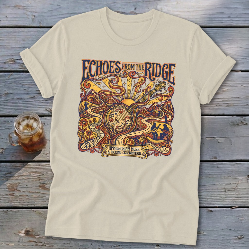 T-shirt with "Echoes From The Ridge" and Appalachian music graphics.