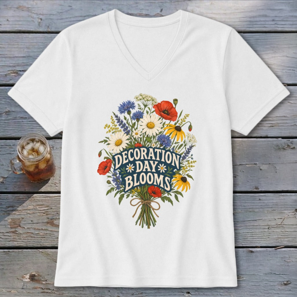 White V-neck t-shirt with a floral bouquet graphic that reads "Decoration Day Blooms".