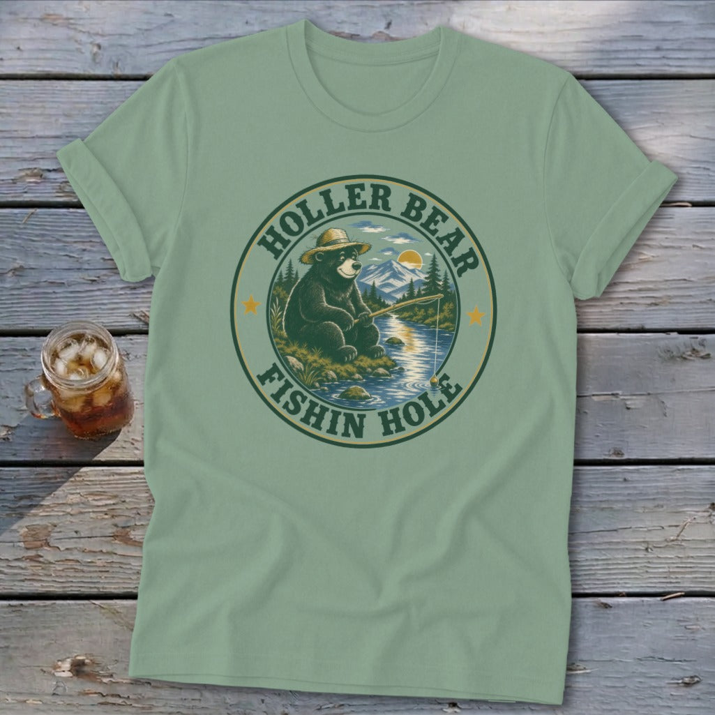 Green t-shirt with a circular graphic of a bear fishing with text "Holler Bear Fishin Hole."